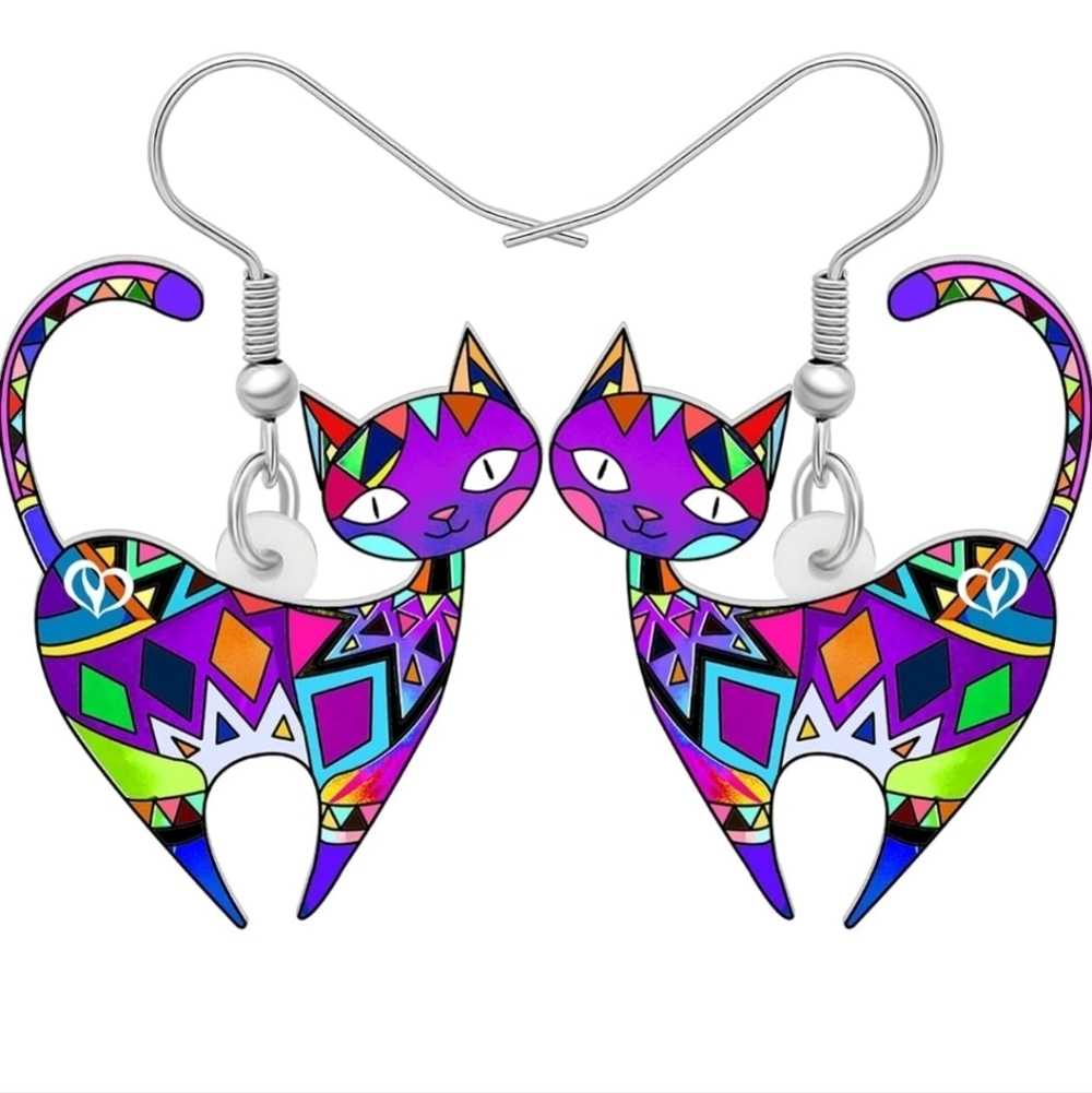 Women's jewelry unique multi-colored designed cat dangle earrings!
